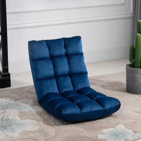 Rootz Fauteuil - Gastenmatras - Vloerstoel - Verstelbare rugleuning - Zittingen &amp; Banken - Velours Look - Blauw - 55 cm x 71 cm x 53,5 cm