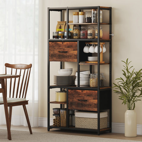 Rootz Storage Shelf - Bookcase - Freestanding Organizer - 2 Fabric Drawers, 9 Compartments, Sturdy Steel Frame, Rustic Brown+Black, 72.5x30x150 cm