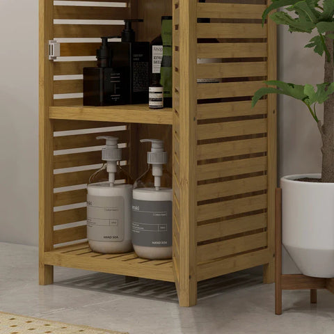 Rootz Bathroom Shelf - Toilet Shelf - 3 Shelves - 1 Cabinet - Water Resistant - Bamboo - Natural - 38.5 cm x 33 cm x 170 cm