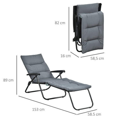 Rootz Folding Sun Lounger - Adjustable Recliner - Outdoor Lounger - High Comfort, 153cm x 58.5cm x 89cm - Steel & Polyester Grey