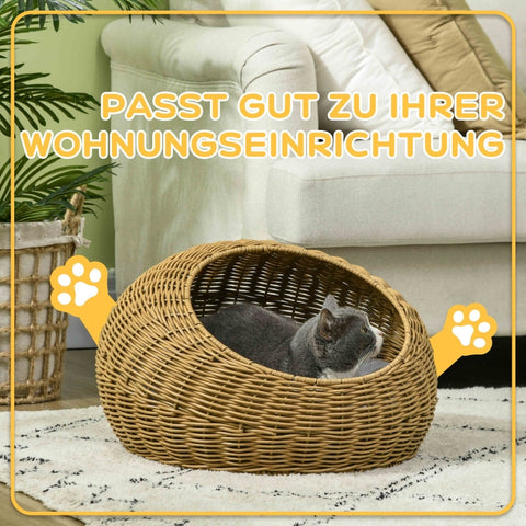 Rootz Rattan Cat House - Cat Basket - Cozy Cat Bed - Washable Cushion - PE Rattan - 50cm x 31cm - Stylish Design