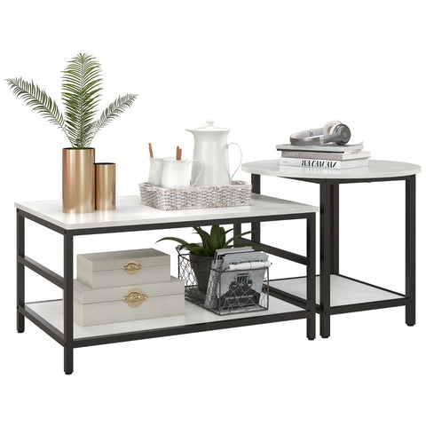Rootz Marble Look Coffee Tables Set - Side Tables - Living Room Furniture - Steel Frame - 80cm x 54cm x 41cm, 60cm x 60cm x 51cm