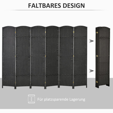 Rootz 6-Part Room Separator - Foldable Privacy Screen - Black Partition - Durable Polypropylene - 240cm x 1.6cm x 170cm