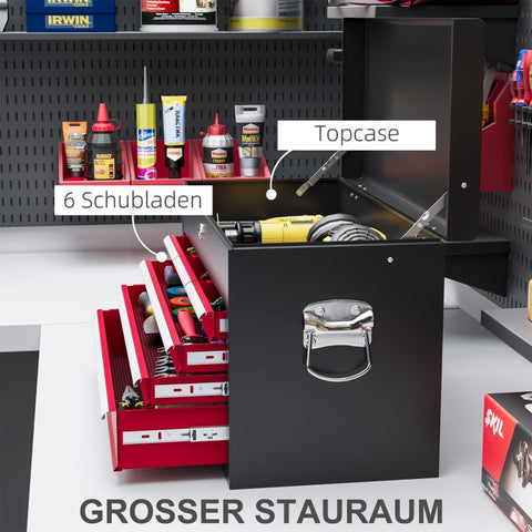 Rootz Tool Box - Lockable Storage - 3 Drawer Organizer - Durable Steel - Efficient Tool Management - 60cm x 26cm x 34cm - Red+Black