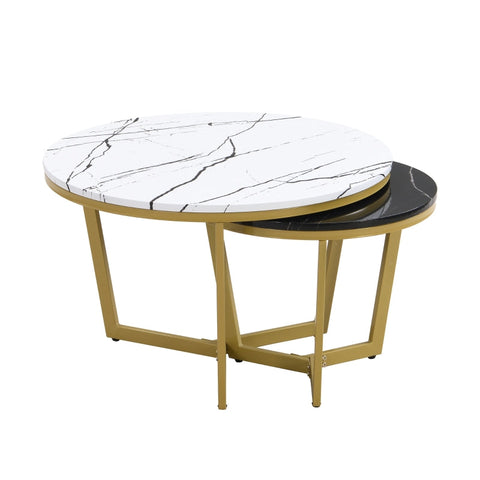 Rootz Luxurious Coffee Table Set - Marble Look - Elegant Nesting Tables - Adds Style - 70x70x45cm & 50x50x40cm - Gold Frame - L-shaped Design