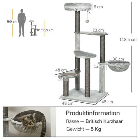Rootz 4 Tier Cat Scratching Post - Cat Bed Hammock - Cat Activity Center - Sisal Scratching Posts - 48cm x 48cm x 118.5cm