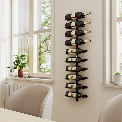 Rootz Wine Rack - Wall Shelf - Bottle Holder - Space-Saving - 27cm x 10cm x 116cm - 10 Bottle Capacity - Black Metal Construction