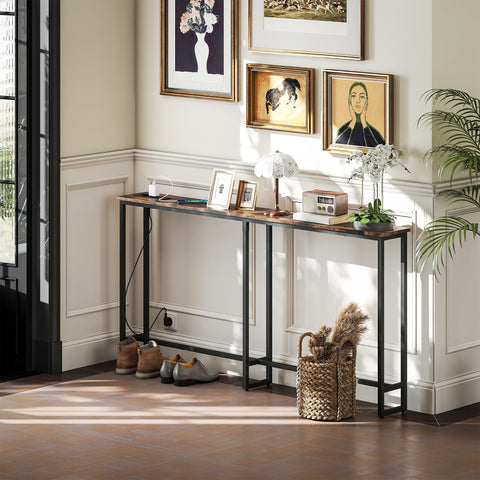 Rootz Slim Console Table with Charging Station - Industrial Side Table - Narrow Hallway Table - Built-in Charging Ports - 160cm x 80cm