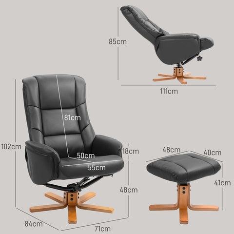 Rootz Relaxation Chair with Stool - TV Armchair - Recliner - Faux Leather - Natural Wood Frame - 71cm x 84cm x 102cm