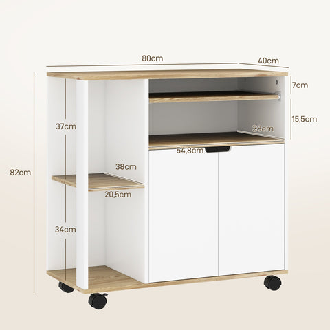 Rootz Rolling Kitchen Trolley - Mobile Cart - Kitchen Island - Adjustable Shelves - Ample Storage - 80x40x82 cm - White-Brown