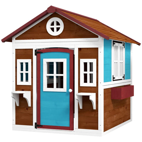 Rootz Children's Playhouse - Wooden Playhouse - Weatherproof - Flower Boxes - Fir Wood - Brown+Blue+White+Red - 114L x 126.4W x 135H cm