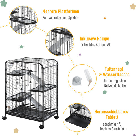 Rootz 3-Tier Rollable Small Animal Cage - Rodent Enclosure - Pet Home - Easy Access & Transport - 64 x 43.5 x 93cm
