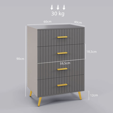 Rootz 4 Drawer Chest Storage Furniture - Dresser - Bedroom Organizer - Gold Aluminum Legs - 60L x 40W x 90H cm