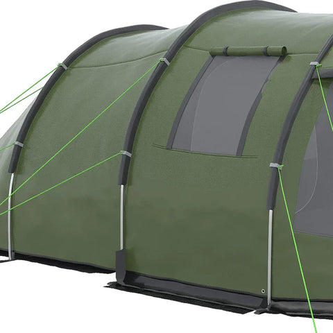 Rootz Camping Tent for 3-4 Persons - Tunnel Tent - Two Interiors - Mesh Windows - Green - 4.75 x 2.64 x 1.72 m