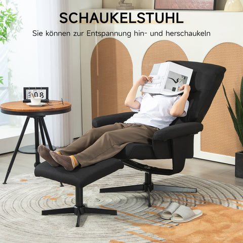 Rootz Reclining Chair with Stool Set - Swivel Seat - Rocker Function - Velvet Look, 135° Adjust - 74W x 81D x 102H cm, Black