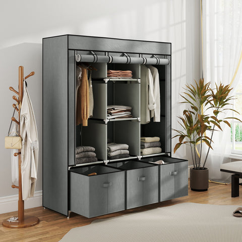 Rootz Fabric Wardrobe - Folding Cabinet - Space-saving Storage - Keeps Clothes Dust-Free - Grey - 125cm x 43cm x 162.5cm