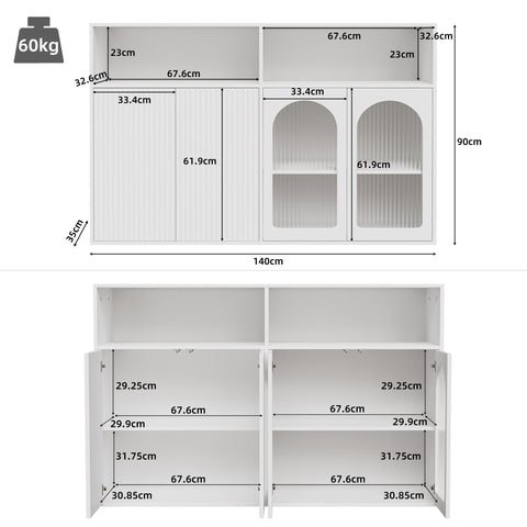 Rootz Sideboard Cabinet - Glass Display Cabinet - LED Storage Unit - Durability - 140cm x 35cm x 90cm