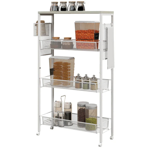 Rootz Niche Trolley - Multi-purpose Trolley - Kitchen Trolley - 3 Shelves - Hooks - Chipboard - White - 58 cm x 18.5 cm x 87 cm