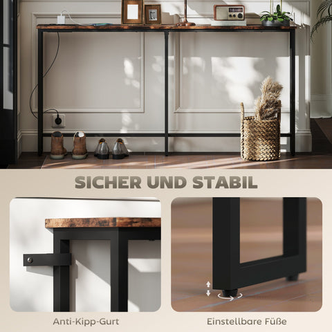 Rootz Slim Console Table with Charging Station - Industrial Side Table - Narrow Hallway Table - Built-in Charging Ports - 160cm x 80cm