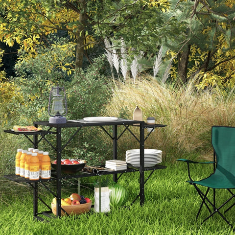 Rootz Camping Table - Picnic Table - Outdoor Kitchen Cabinet - Increased Storage - Compact and Portable - Durable Construction - 126cm x 44cm x 80cm - Black