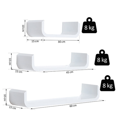 Rootz 3 Piece Set Wall Shelf Cube - Floating Shelves - Decorative Shelves - Versatile Installation - Trendy Design - Durable Material - 60W x 15D x 10H cm, 45W x 15D x 10H cm, 30W x 15D x 10H cm - MDF Board - White