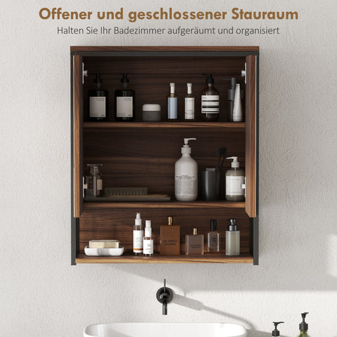 Rootz Bathroom Mirror Cabinet - Bathroom Storage - Wall-Mounted Organizer - Soft-Close Doors - Brown MDF Chipboard - 56cm x 20cm x 65cm