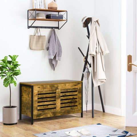 Rootz Industrial Design Wooden Chest Sideboard - Storage Cabinet - Hallway Bench - Rustic Wood Grain - Steel Frame - Slatted Doors - 80cm x 40cm x 49cm