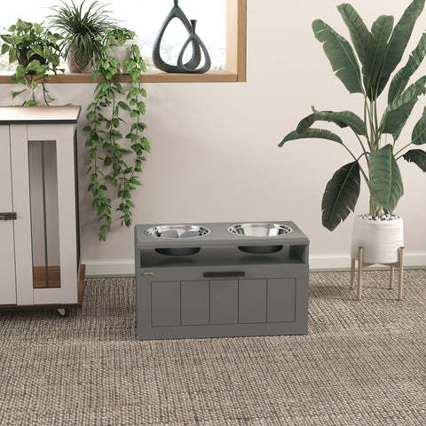 Rootz Large Dog Feeding Station - Pet Feeder - Slow Eating Stand - Neck Relief, Grey - 60cm x 30cm x 35cm