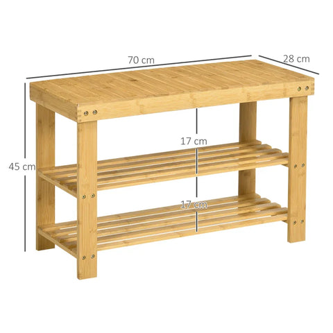 Rootz Shoe Bench - 3 Levels - Shoe Rack - Space For 6-9 Pairs Of Shoes - Up To 130 Kg - Bamboo - Natural - 70 x 28 x 45cm