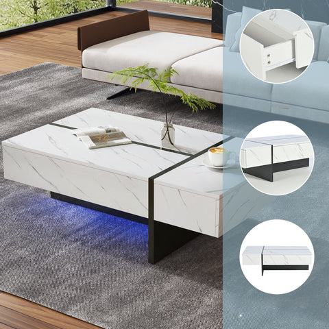 Rootz Modern Coffee Table - LED Table - Marble Pattern Table - LED Lighting - 105cm x 60cm x 35cm