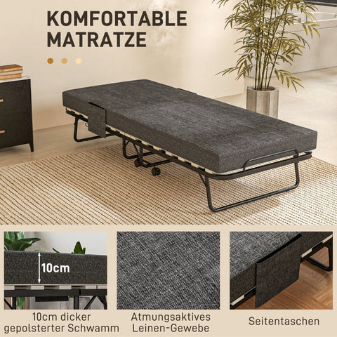 Rootz Folding Guest Bed - Camping Cot - Portable Sleeping Accommodation - Linen-Look Mattress - Steel Frame - 190cm x 80cm x 42cm