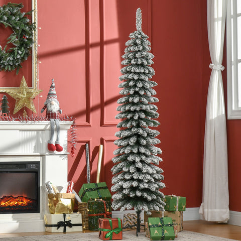 Rootz Artificial Snowy Christmas Tree - Slim Xmas Tree - Fireproof Pine - Realistic Look, Space-Saving, 180cm, Green/White, 46x46x180cm