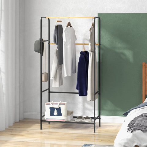 Rootz Clothes Rack - Coat Stand - Garment Rack - Steel Frame - Bamboo - 80.5cm x 40.5cm x 162.5cm - Organize Wardrobe - 2 Rails - Shoe Shelf