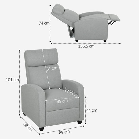 Rootz Relaxation Armchair - Recliner Chair - Lounge Seating - Adjustable Comfort - Linen Polyester - Grey - 69cm x 156.5cm x 101cm