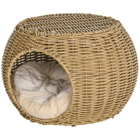 Rootz 2 Level Cat House - Cat Basket - Cat Cave - Cozy Retreat - Ø 40 x 30 cm - Brown Resin Rattan with Soft Cushion