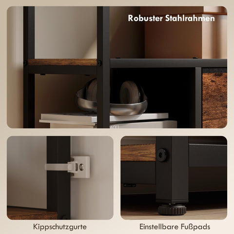 Rootz Storage Shelf - Bookcase - Freestanding Organizer - 2 Fabric Drawers, 9 Compartments, Sturdy Steel Frame, Rustic Brown+Black, 72.5x30x150 cm
