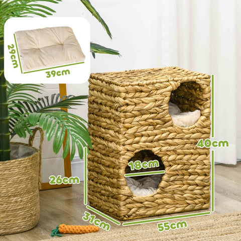 Rootz Cat Tower - Scratching Post - Three-Story Cat Condo - Washable Cushions - Natural Water Hyacinth - 40cm x 31cm x 55cm
