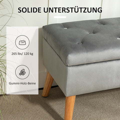 Rootz Upholstered Storage Bench - Velvet Stool - Padded Chest - Comfort Seating - 80cm x 35cm x 40cm - Grey
