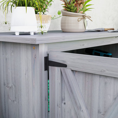 Rootz Wooden Garden Cabinet - Outdoor Storage Unit - Weatherproof Tool Shed - Barn Design -  Grey - 110cm x 60cm x 88.5cm