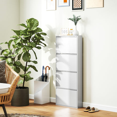 Rootz Narrow Metal Shoe Cabinet - Slim Shoe Rack - Entryway Organizer - Space-Saving, Stores 8 Pairs, White, 55x15x139.5cm
