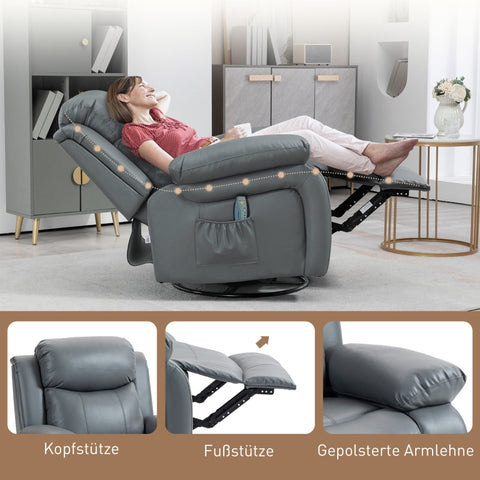 Rootz Massage Chair - Rocking Recliner - Rotatable Chair - 360 Degree Rotation - 8 Vibration Points - Wired Remote - 87cm x 97cm x 104cm - Faux Leather - Gray