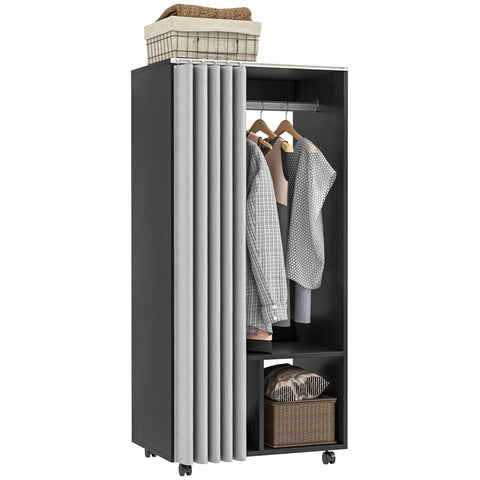 Rootz Mobile Wardrobe with Curtain - Portable Closet - Clothes Rail - Easy Mobility - 60cm x 40cm x 128cm