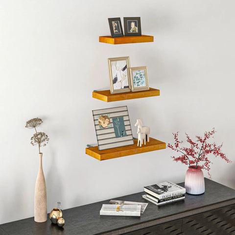 Rootz 3 Wall Shelves - Floating Shelf - Pine Wood - Living Room - Bedroom Brown - 50 Cm X 18 Cm X 3.6 Cm