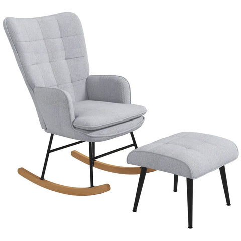 Rootz Rocking Chair with Ottoman - Scandi Design - Beech Wood - Comfortable Padding - Stylish - Durable - 64cm x 89cm x 90cm - Gray