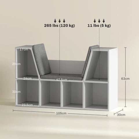 Rootz Bookcase - Bookshelf - Storage Unit - Organize Books - 105W x 30D x 63H cm - Six Compartments - Comfortable Seat Cushions
