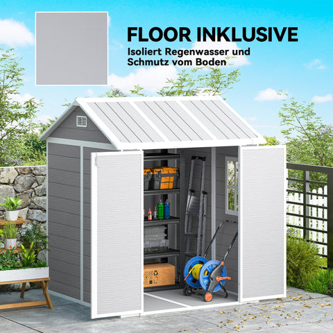 Rootz Garden Shed - Storage House - Outdoor Utility Shelter - Lockable & Waterproof, UV Resistant, Grey, and White 181x181x220cm, With Window & Floor
