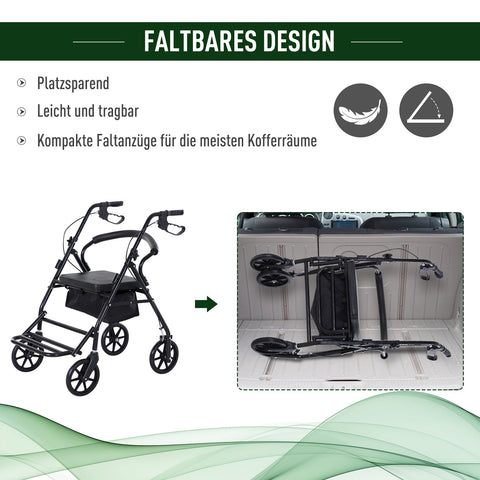 Rootz Rollator with Chair - Foldable Walker - Mobility Aid - Adjustable Height - 57.5cm x 87cm x 82-90cm