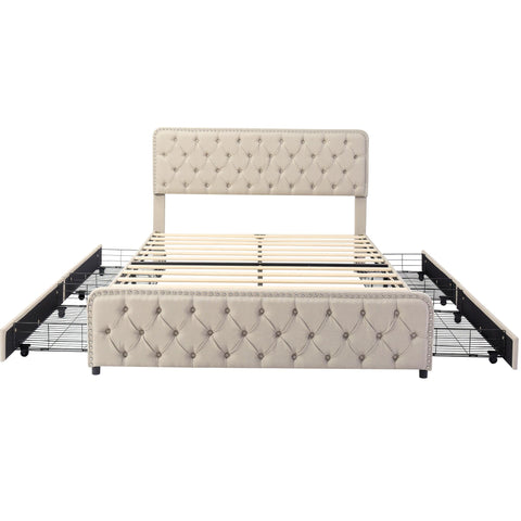Rootz Upholstered Bed - Height-Adjustable Headboard - Storage Bed - 4 Drawers - Linen - 211.5cm x 160cm x 96.5-108.5cm - Beige