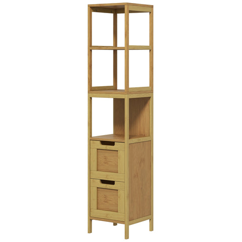 Rootz Bathroom Column Storage - Cozy Style - Organizer - 3 Shelves & 2 Drawers - Bamboo Elegance - 30b x 30t x 144h cm