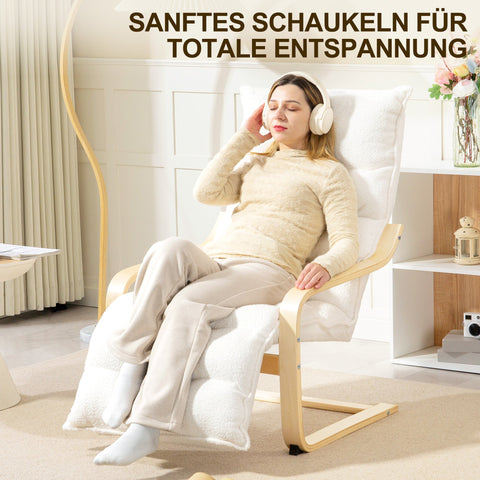 Rootz Lounge Armchair - Upholstered Armchair - Reading Chair - Adjustable Footrest - Birch Wood - 67cm x 93-114cm x 105cm - White